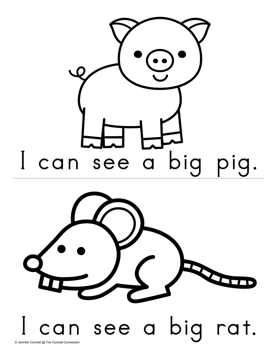 Sight word big reading practice: children read I can see a big pig and I can see a big rat below a pig and a rat drawing