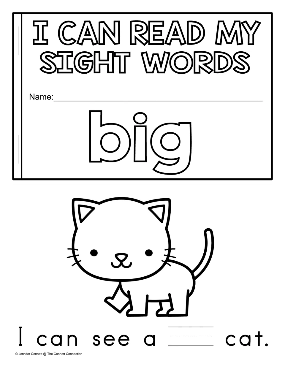 Write-in version cover for the sight word big, plus a cat page where students write the missing word in I can see a ___ cat