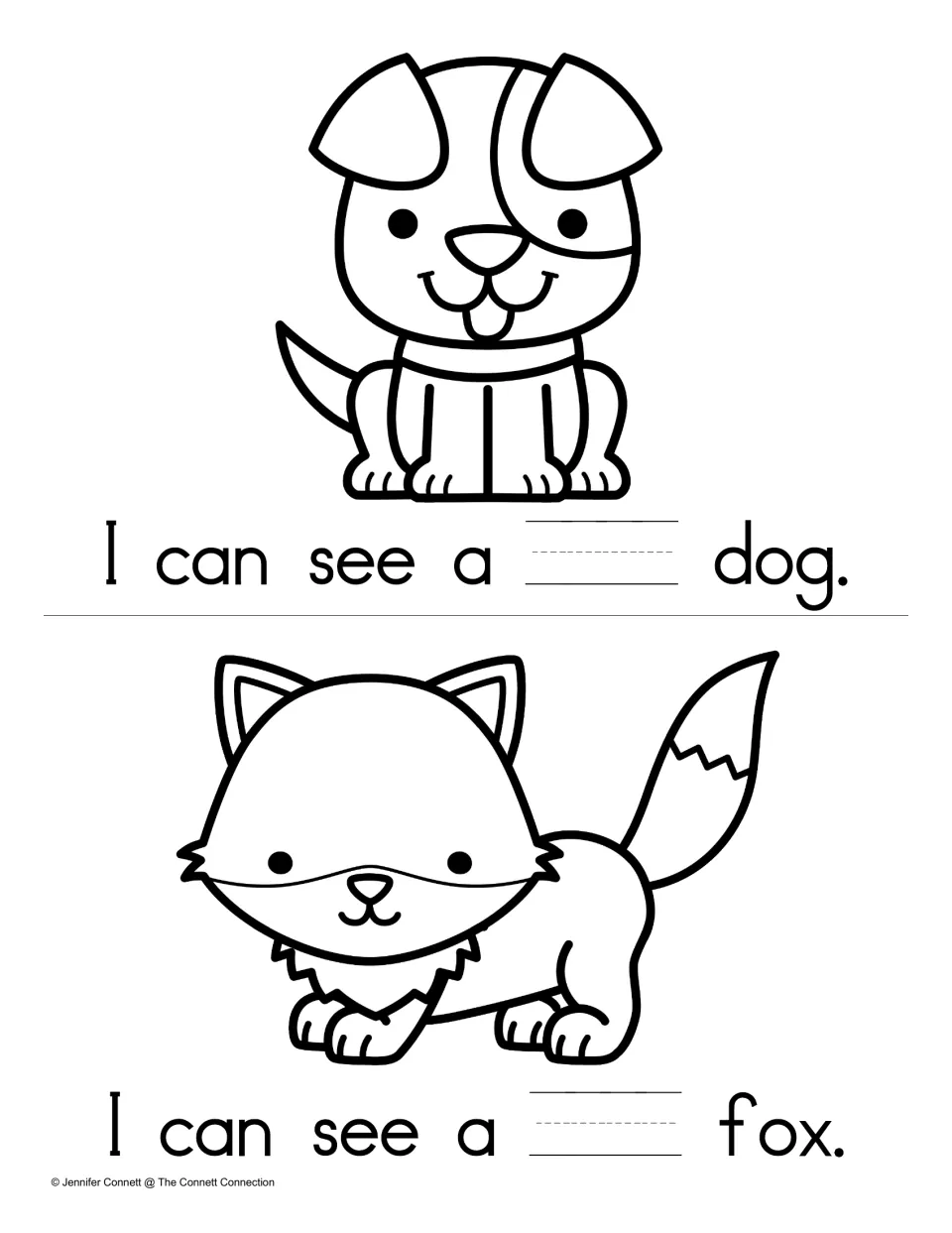 Writing the sight word big: students fill the blank in I can see a ___ dog and I can see a ___ fox under each animal