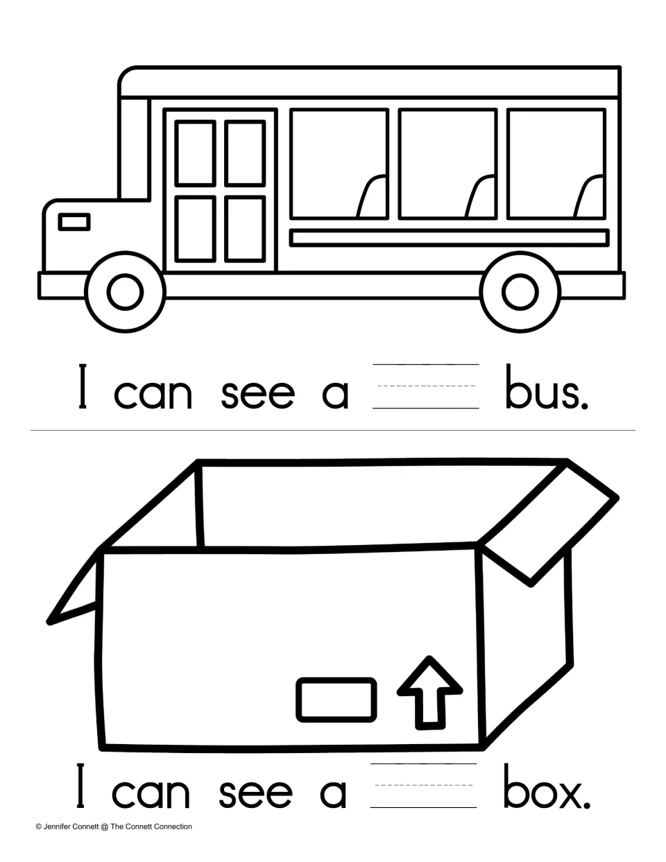 Write-in pages for big: students complete I can see a ___ bus and I can see a ___ box below a bus and a box