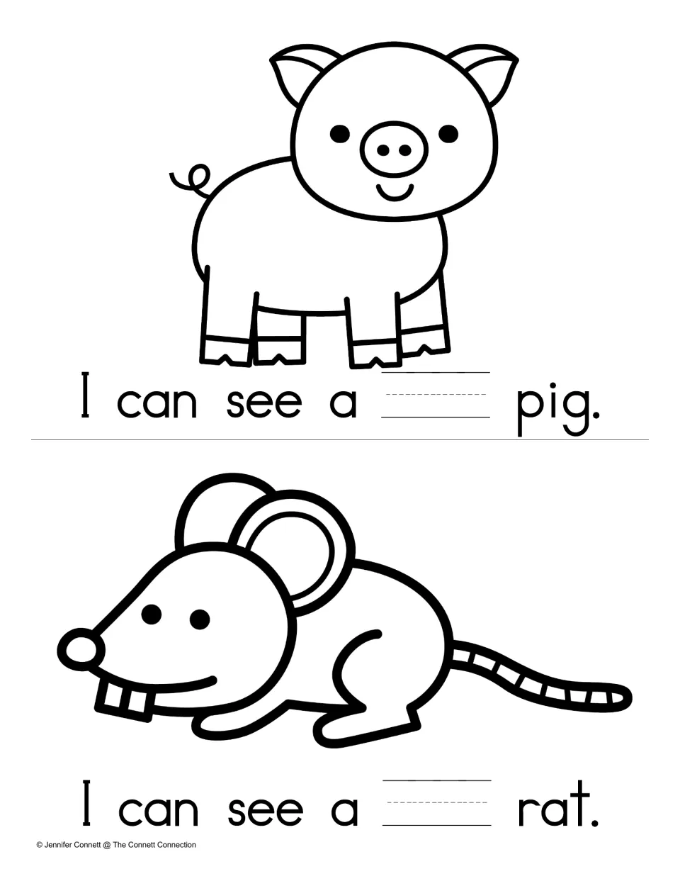 Missing-word sentences for big: students write the word in I can see a ___ pig and I can see a ___ rat under the pictures