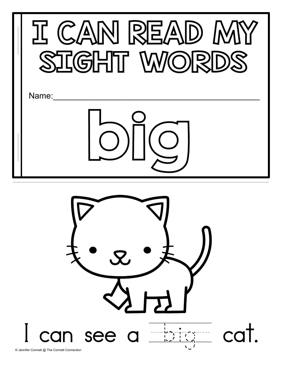 Tracing version cover for the sight word big, plus a cat page where students trace big in I can see a big cat