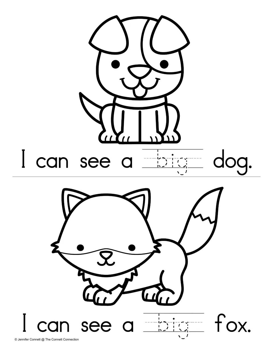 Tracing the sight word big: students trace the dotted word in I can see a big dog and I can see a big fox under each animal
