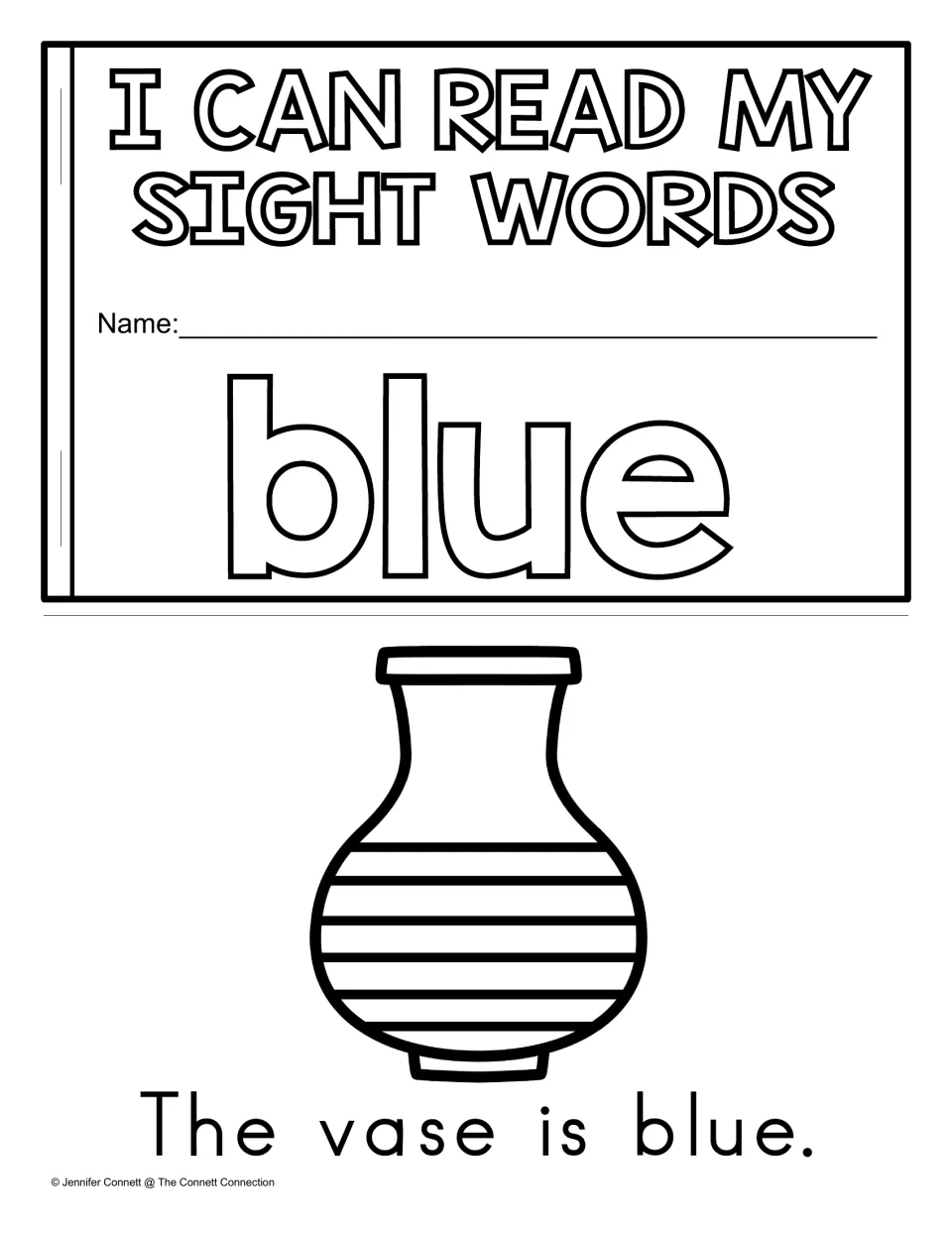 Reading Fluency mini book cover for blue and first reading page showing a vase: 'The vase is blue.'