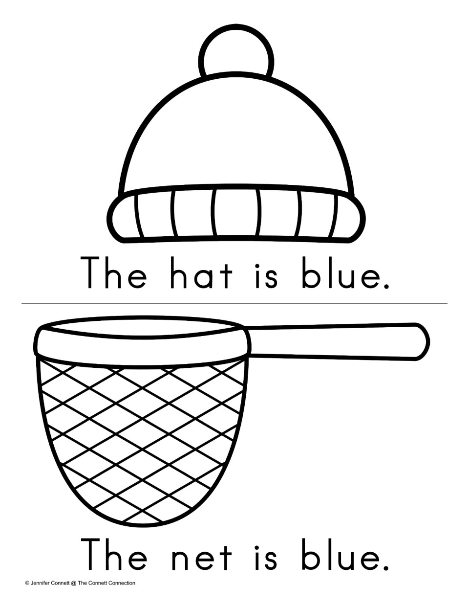 Reading Fluency mini book pages showing a hat and a net with 'The hat is blue' and 'The net is blue.'