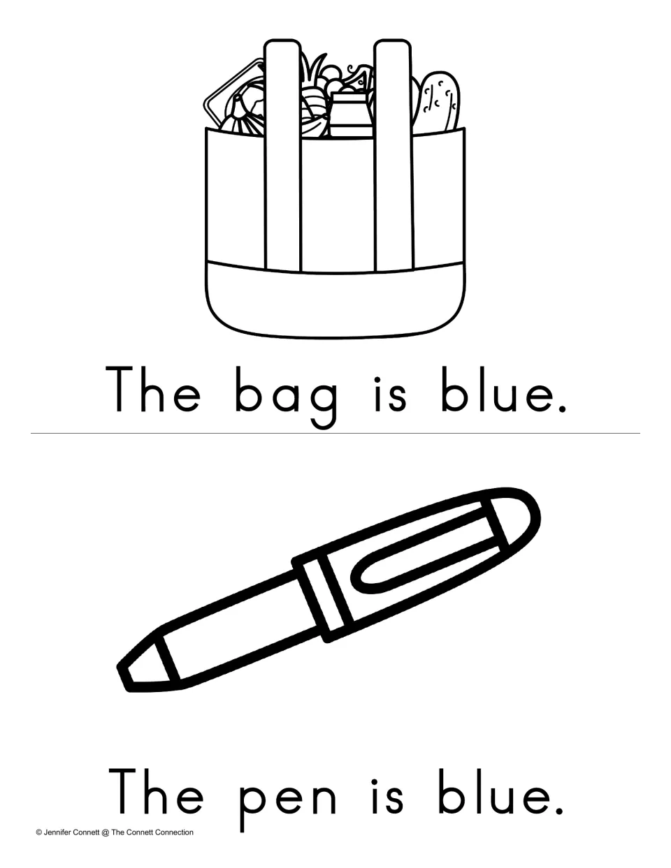 Reading Fluency mini book pages showing a bag and a pen with 'The bag is blue' and 'The pen is blue.'