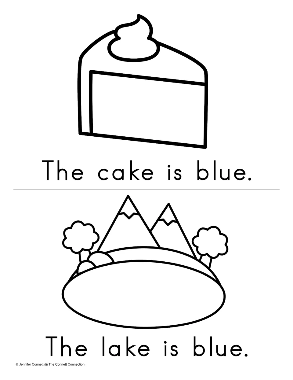 Reading Fluency mini book pages showing cake and a lake: 'The cake is blue' and 'The lake is blue.'