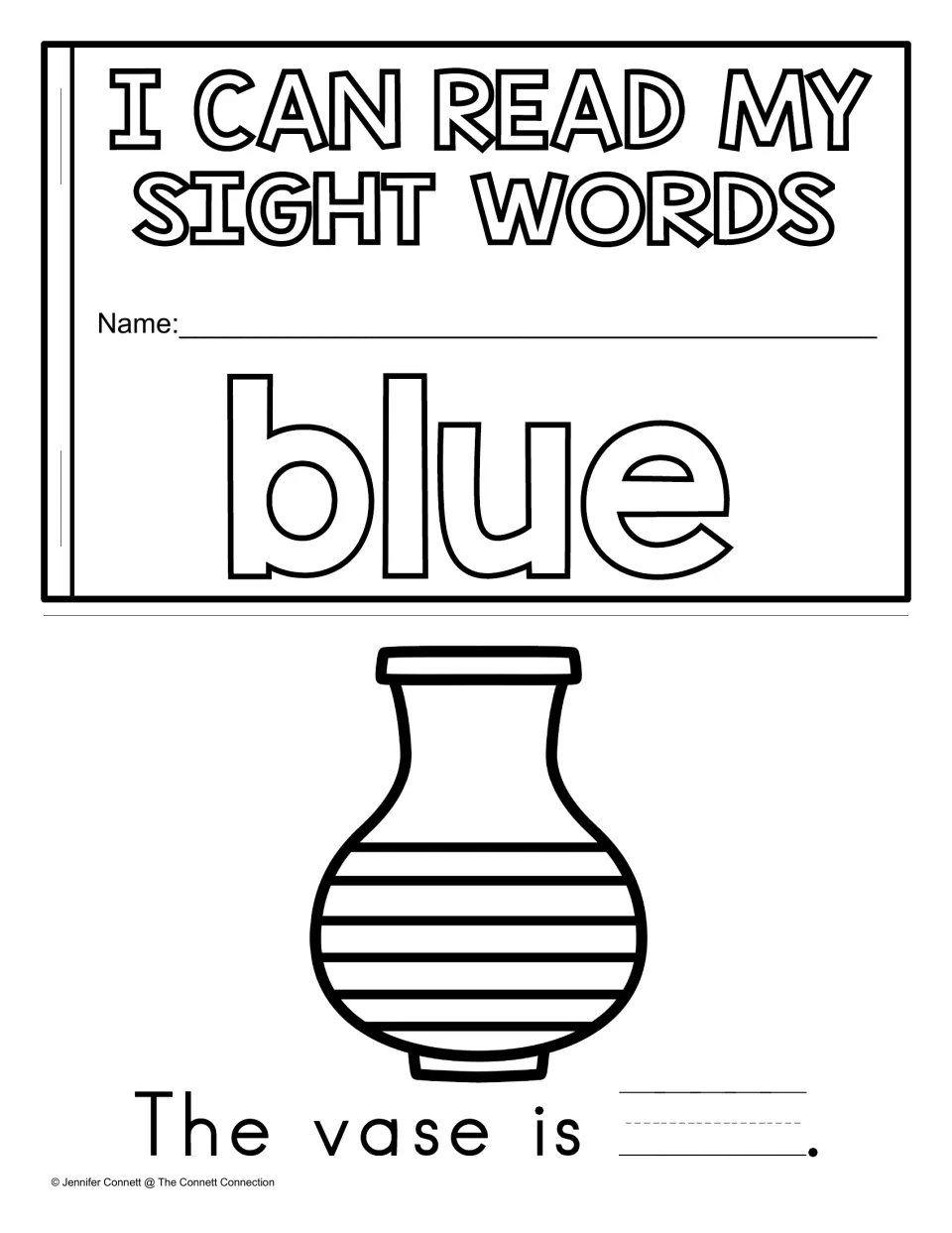 Write and Read mini book cover for blue and a vase page with 'The vase is' for students to finish.