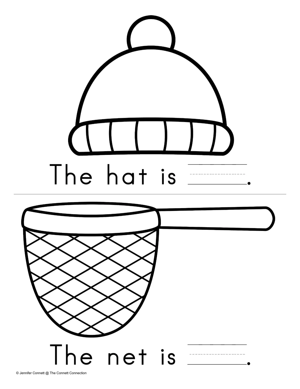 Write and Read mini book pages showing a hat and net, with blue missing from 'The hat is' and 'The net is.'
