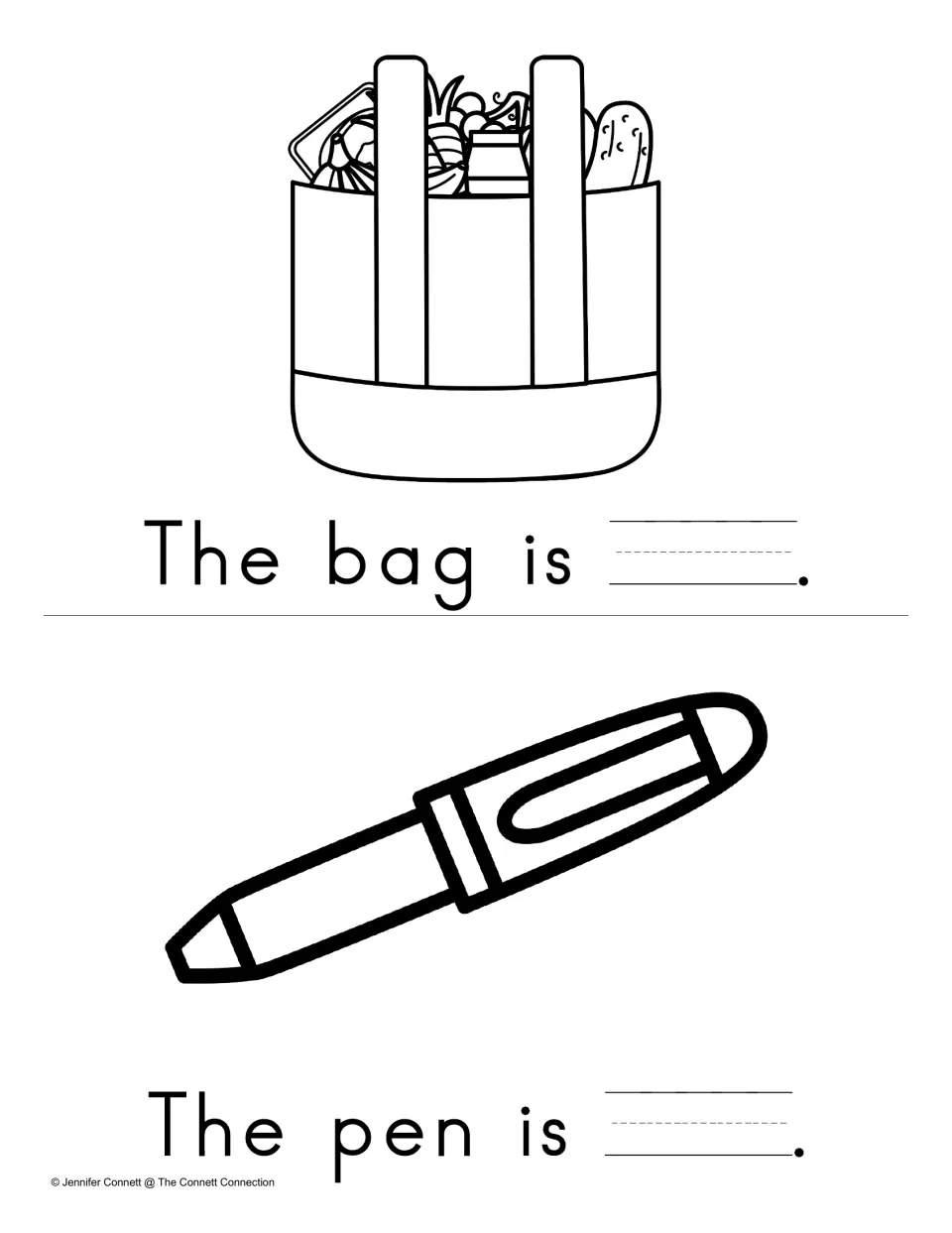 Write and Read mini book pages showing a bag and pen, with blue missing from 'The bag is' and 'The pen is.'