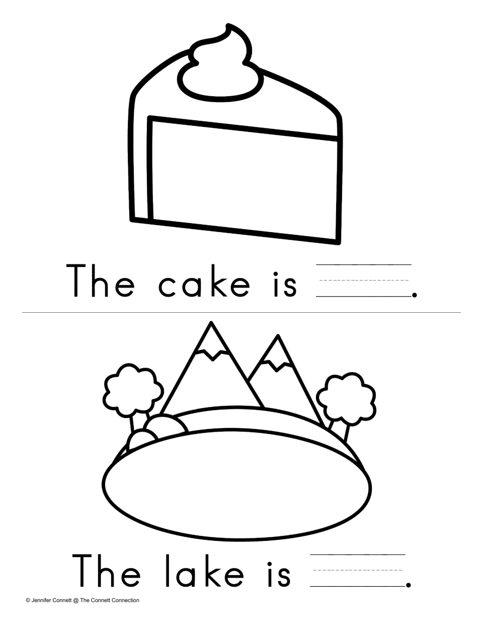 Write and Read mini book pages showing cake and a lake, with a blank for blue to complete each sentence.
