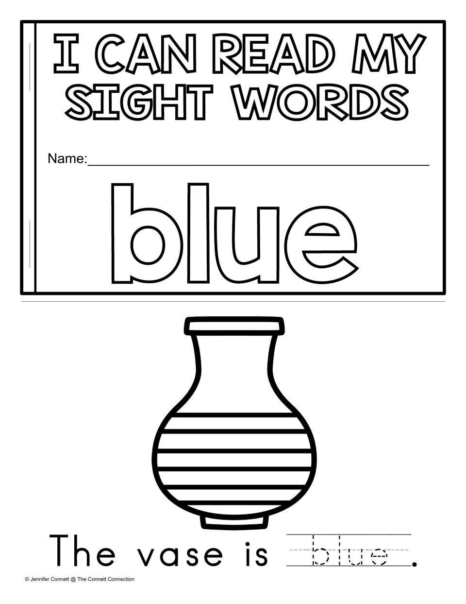 Trace and Read mini book cover for blue and a vase page with blue to trace in 'The vase is blue.'