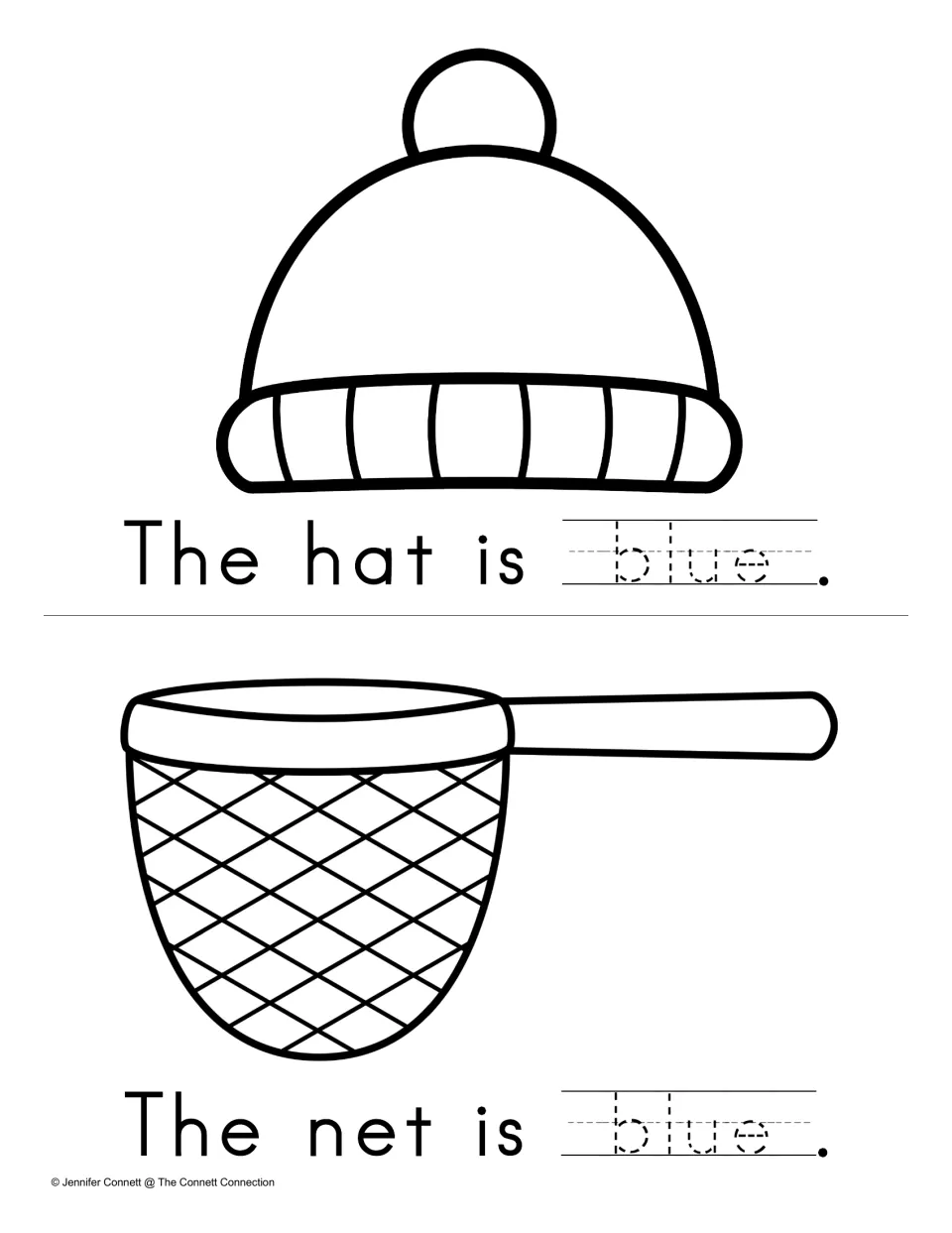 Trace and Read mini book pages with a hat and net, tracing blue in 'The hat is blue' and 'The net is blue.'