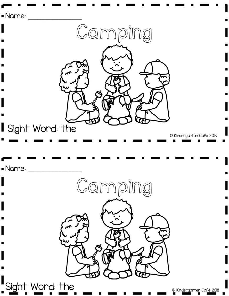 Two booklet covers titled “Camping,” each showing children around a campfire and “Sight Word: the”