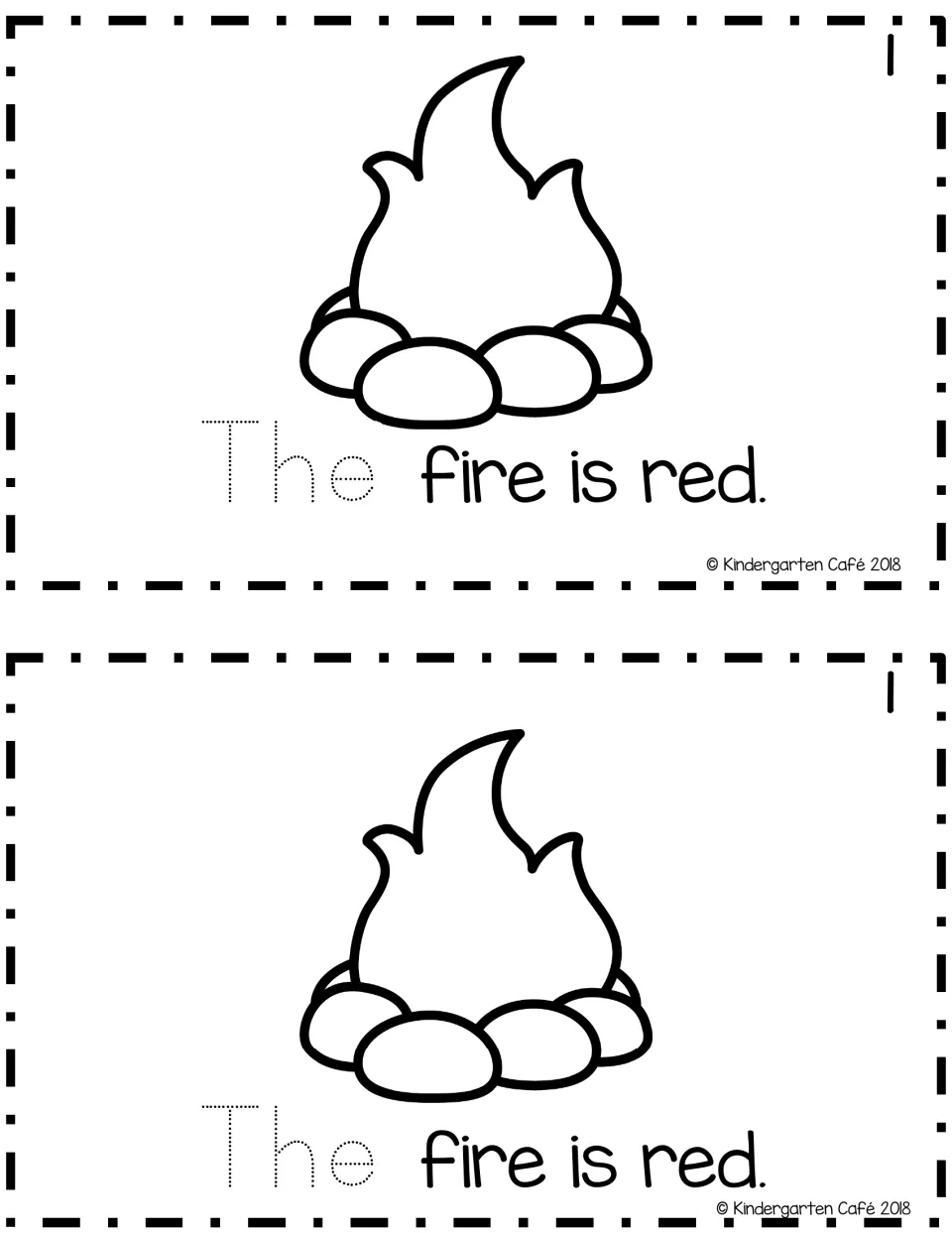 Sentence reader page 1, printed twice: a campfire to color and “The fire is red,” with “The” to trace
