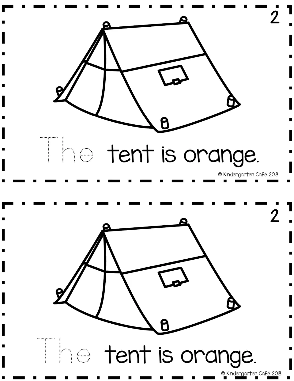 Sentence reader page 2, printed twice: a tent to color and “The tent is orange,” with “The” to trace