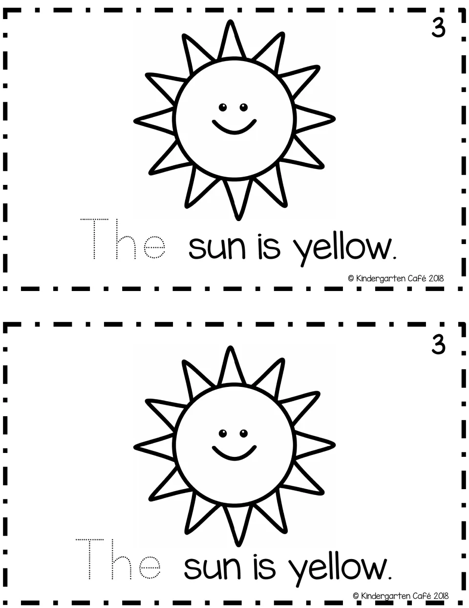 Sentence reader page 3, printed twice: a sun to color and “The sun is yellow,” with “The” to trace