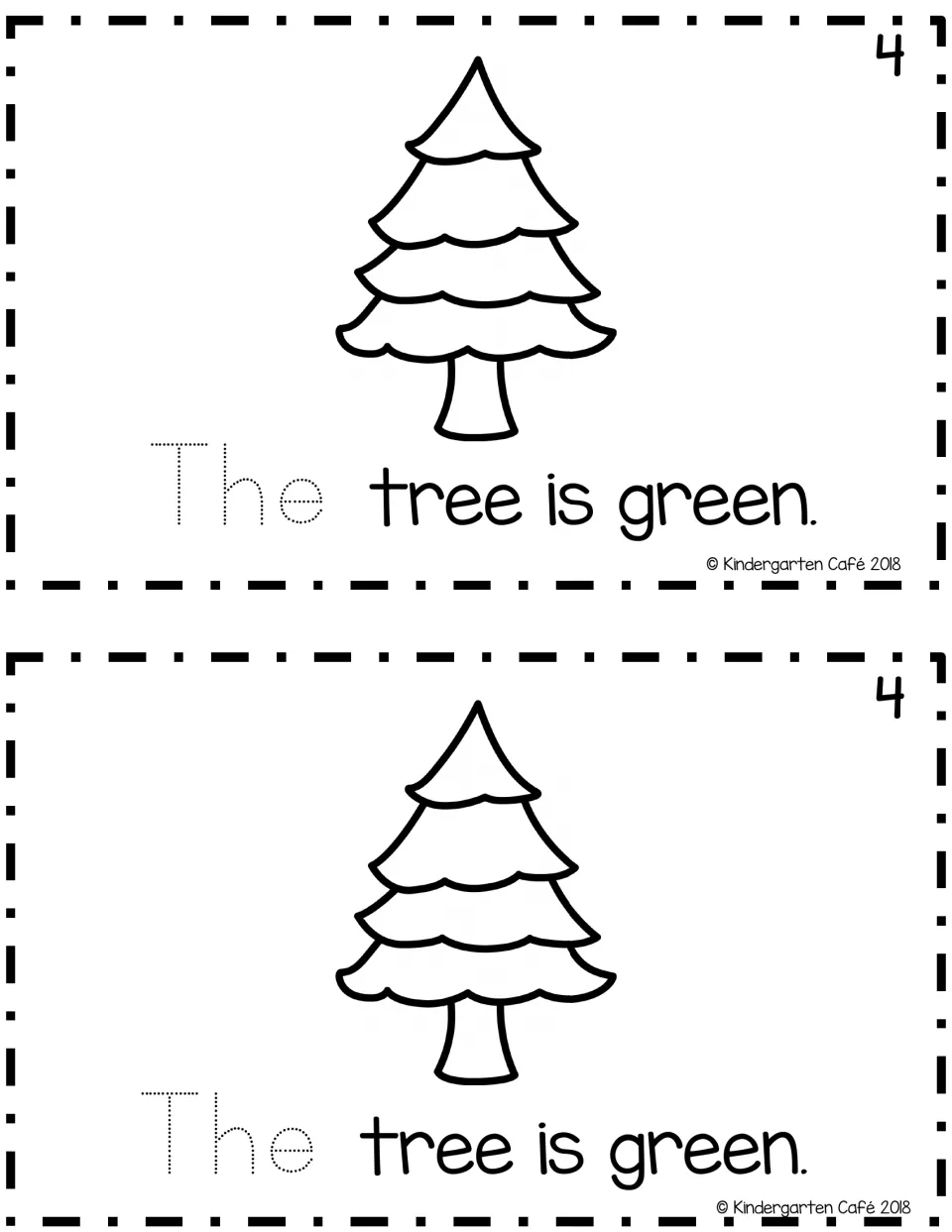 Sentence reader page 4, printed twice: a tree to color and “The tree is green,” with “The” to trace