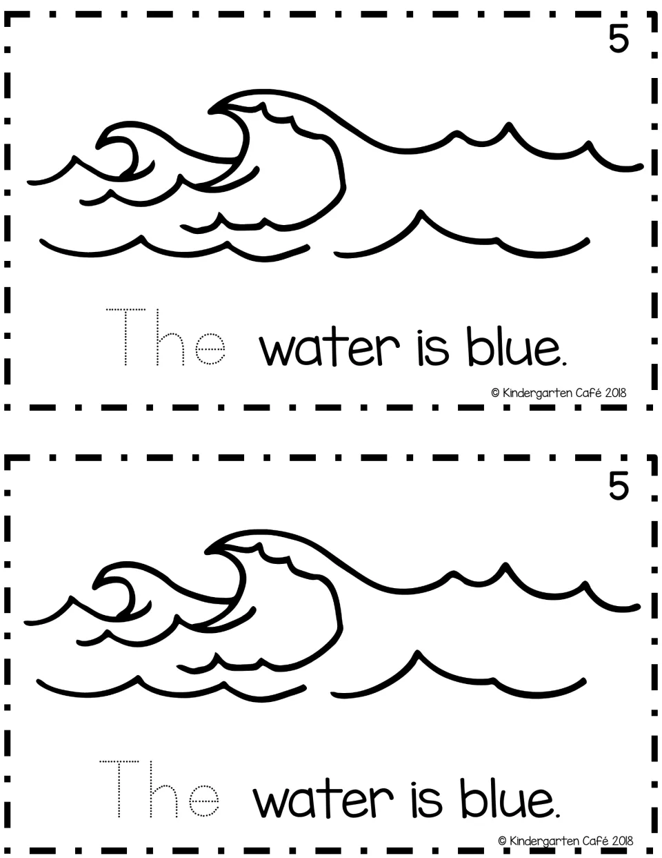 Sentence reader page 5, printed twice: waves to color and “The water is blue,” with “The” to trace