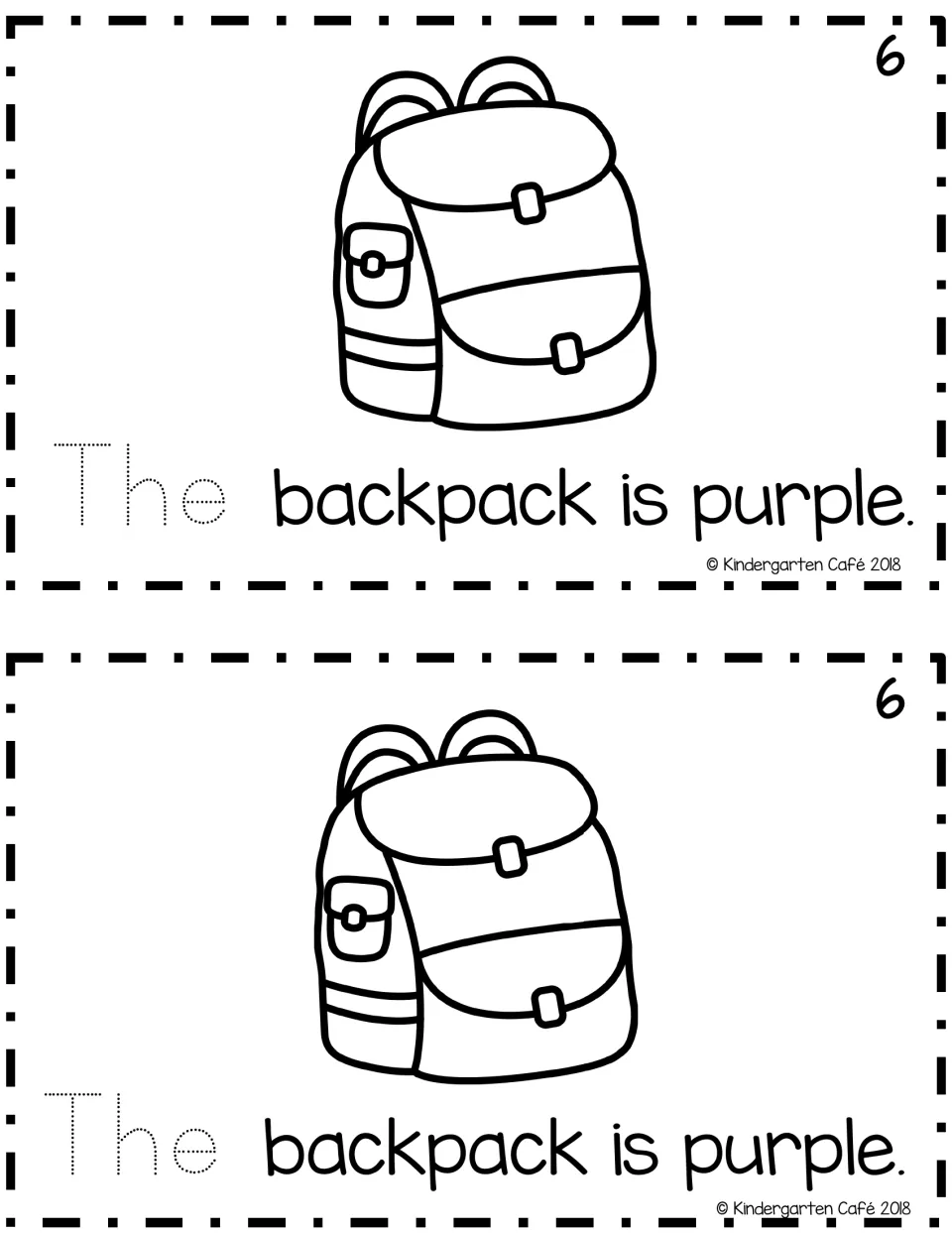 Sentence reader page 6, printed twice: a backpack and “The backpack is purple,” with “The” to trace