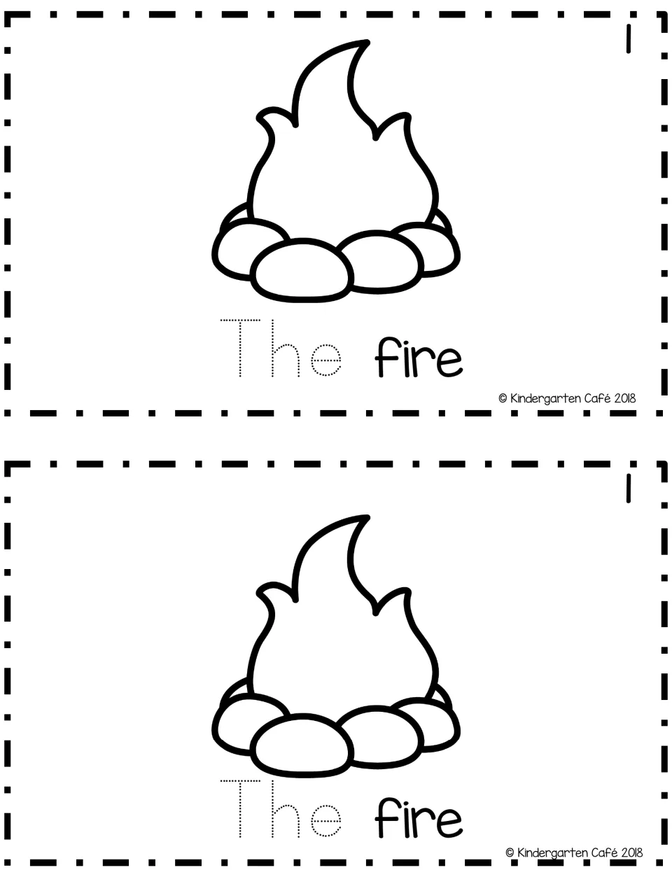 Short-phrase reader page 1, printed twice: a campfire to color and “The fire,” with “The” to trace