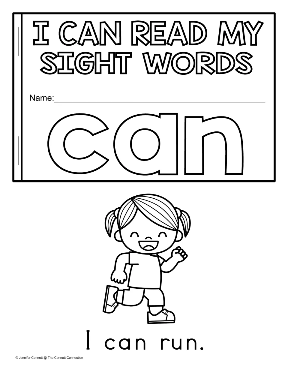 Reading Fluency mini book cover for the sight word “can” and first reading page featuring “I can run.”