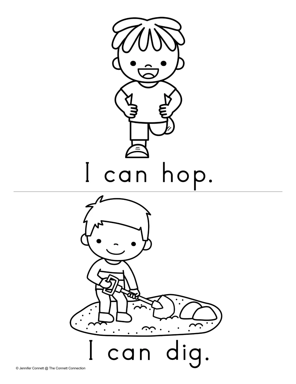 Reading Fluency mini book pages featuring “I can hop.” and “I can dig.” with matching action pictures.