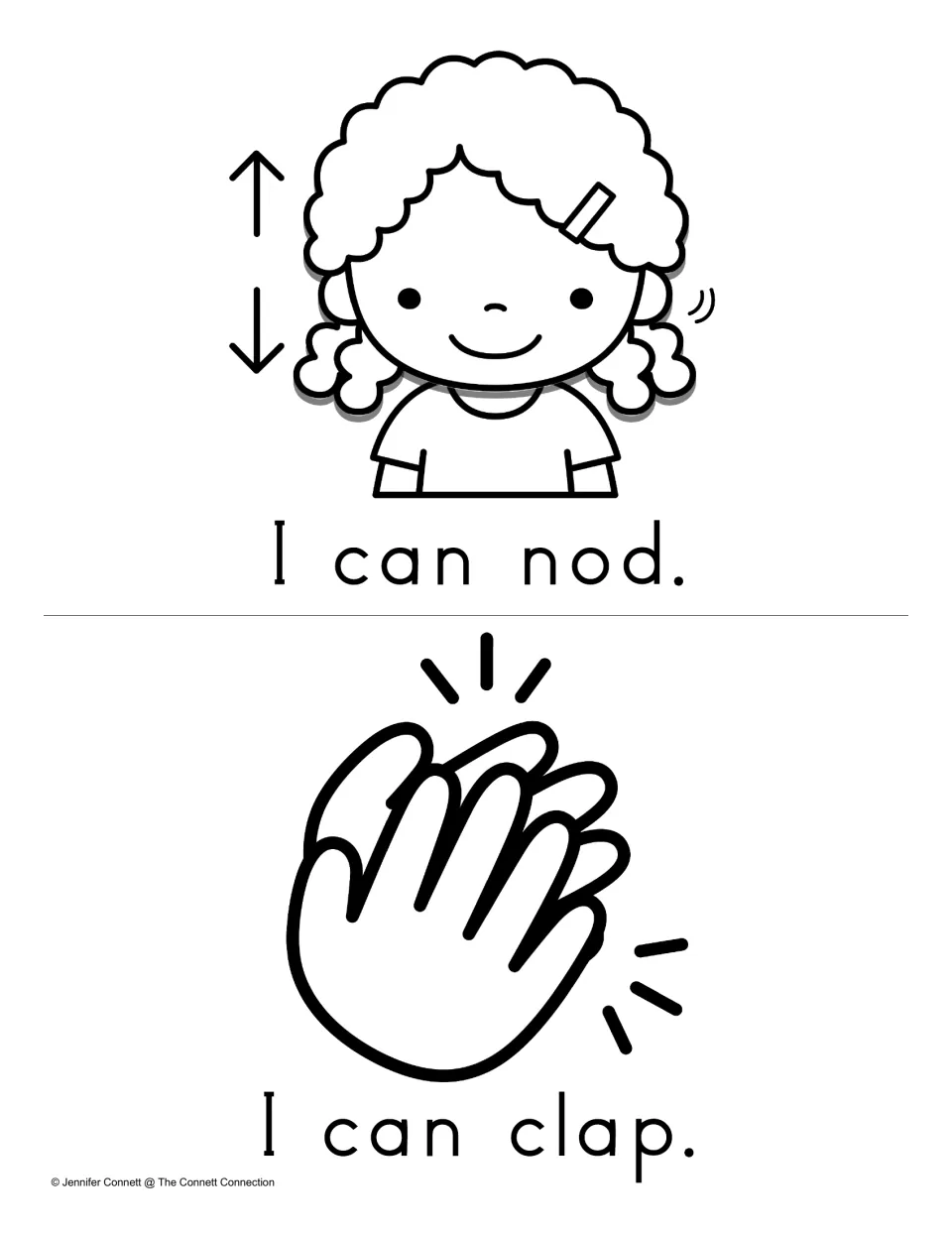 Reading Fluency mini book pages featuring “I can nod.” and “I can clap.” with matching action pictures.