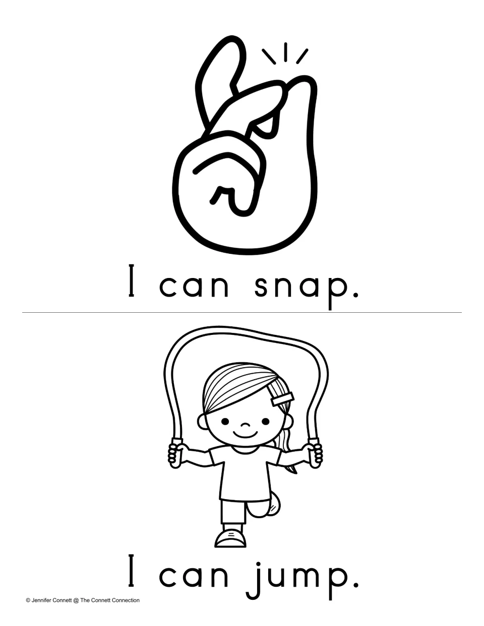 Reading Fluency mini book's final pages feature “I can snap.” and “I can jump.” with action pictures.