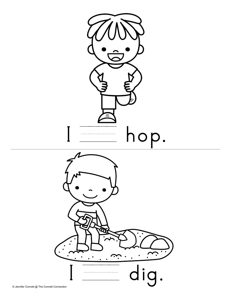 Write and Read mini book pages featuring “I ___ hop.” and “I ___ dig.” for students to write “can.”
