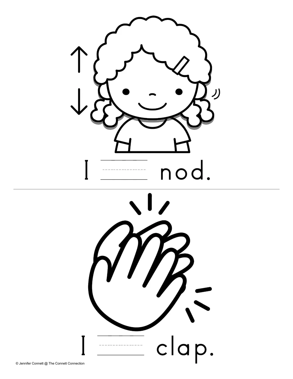 Write and Read mini book pages featuring “I ___ nod.” and “I ___ clap.” for students to write “can.”