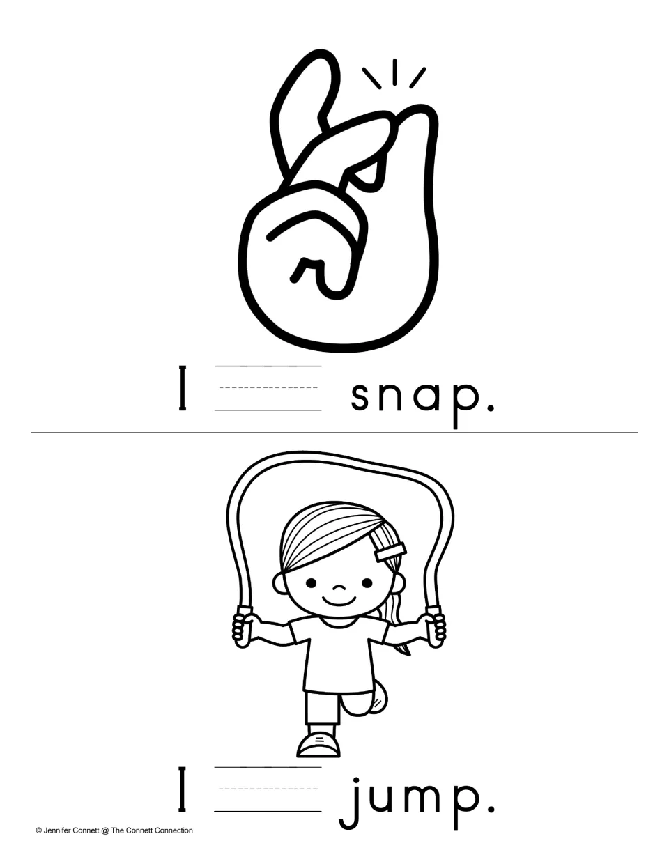 Write and Read mini book's final pages feature “I ___ snap.” and “I ___ jump.” for writing “can.”