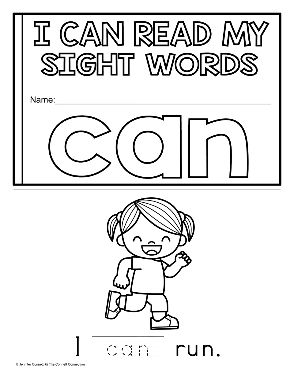 Trace and Read mini book cover for “can” and first sentence, “I can run.”, with “can” in tracing letters.