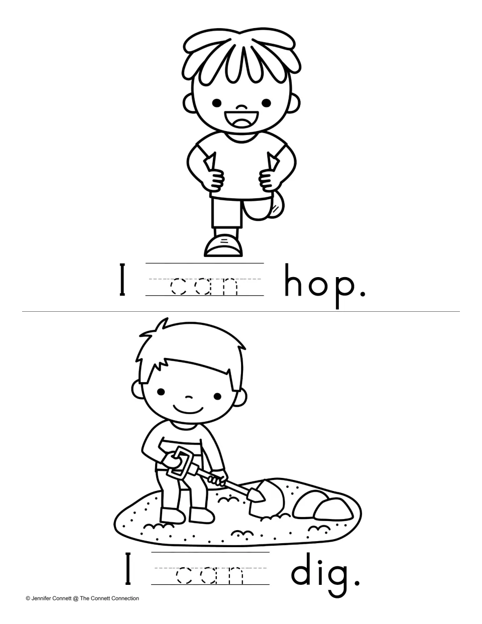 Trace and Read mini book pages featuring “I can hop.” and “I can dig.” with the word “can” to trace.