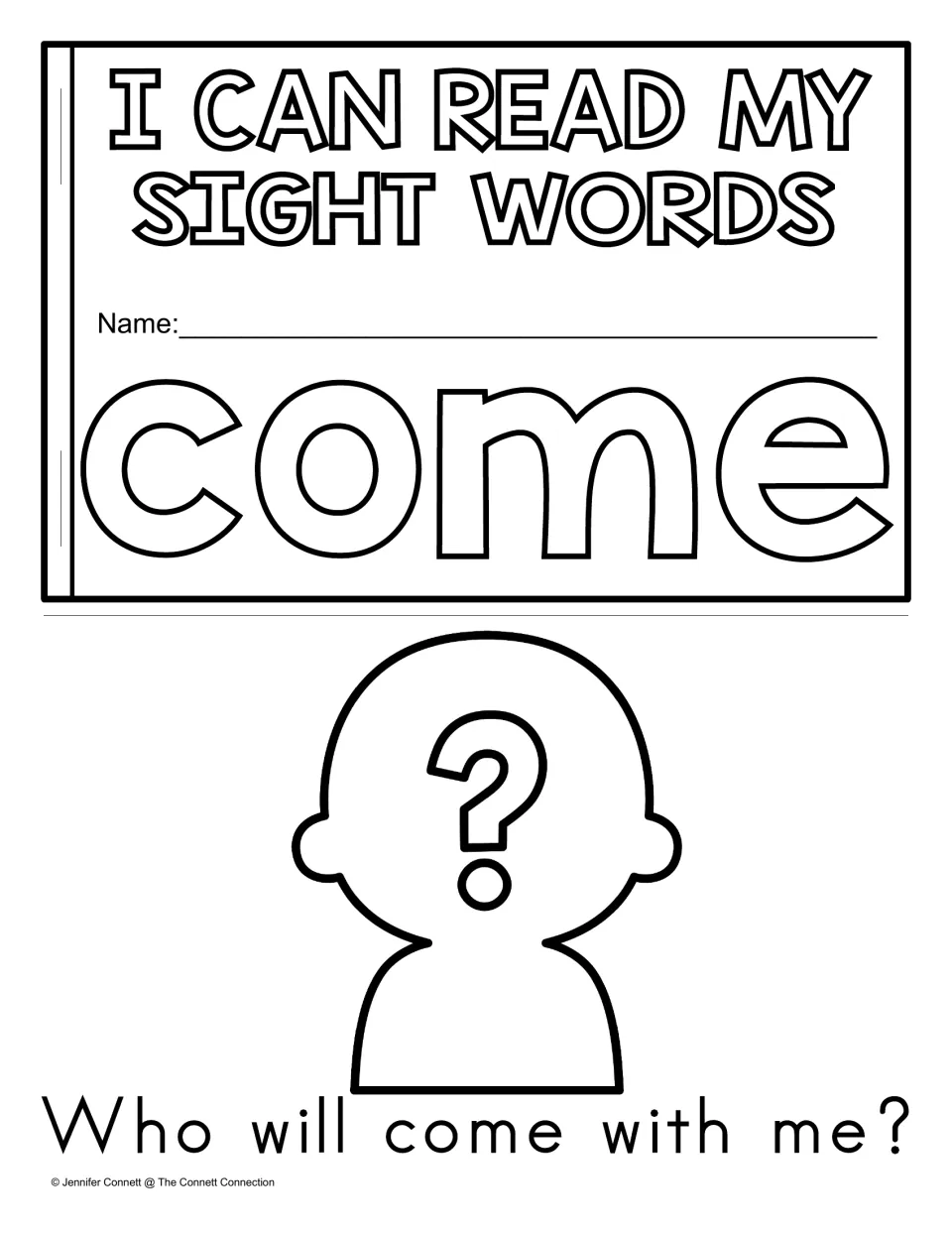 I Can Read My Sight Words cover for the word come, with a name line and a mystery child asking Who will come with me?
