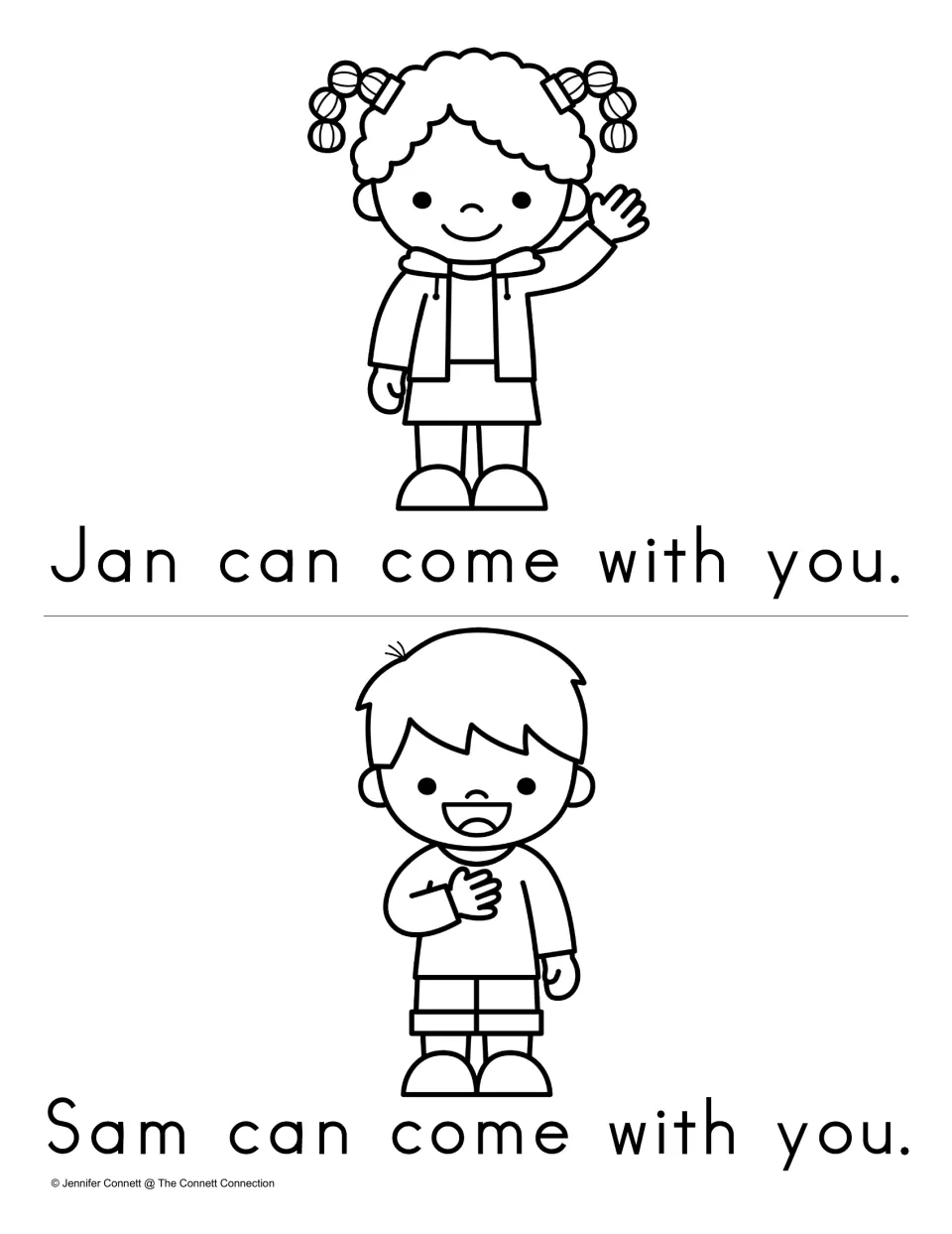 Reading come in context: Jan waves and Sam smiles above the sentences Jan can come with you and Sam can come with you
