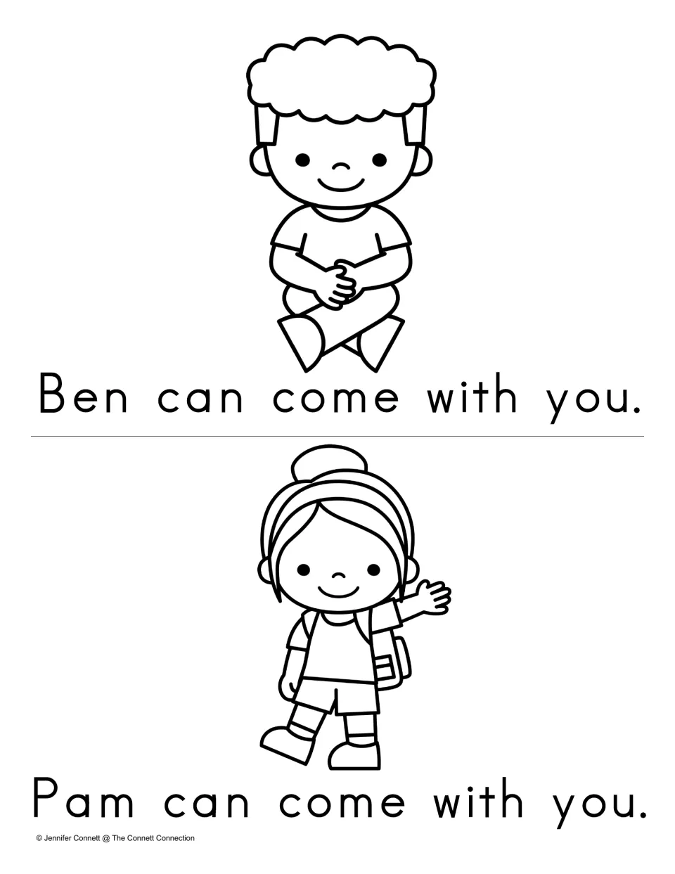 Sight word come pages: Ben sits cross-legged and Pam waves, each over a sentence such as Pam can come with you to read
