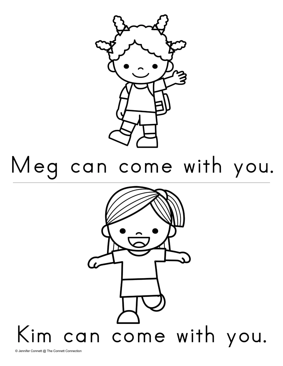 Final reader pages for come: Meg waves with a backpack and Kim runs, above Meg can come with you and Kim can come with you