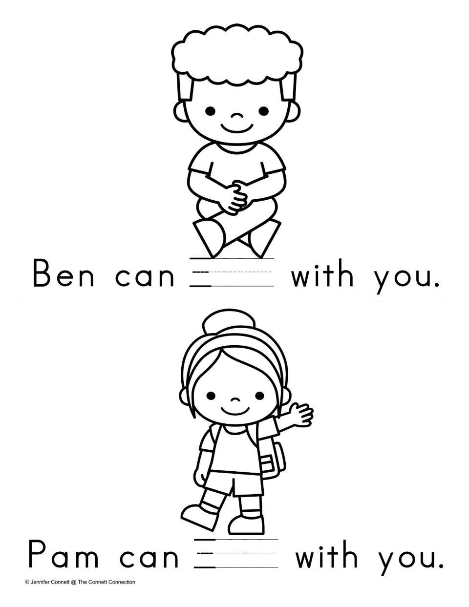 Fill-in sentences for come: students write the word in Ben can ___ with you and Pam can ___ with you under each child