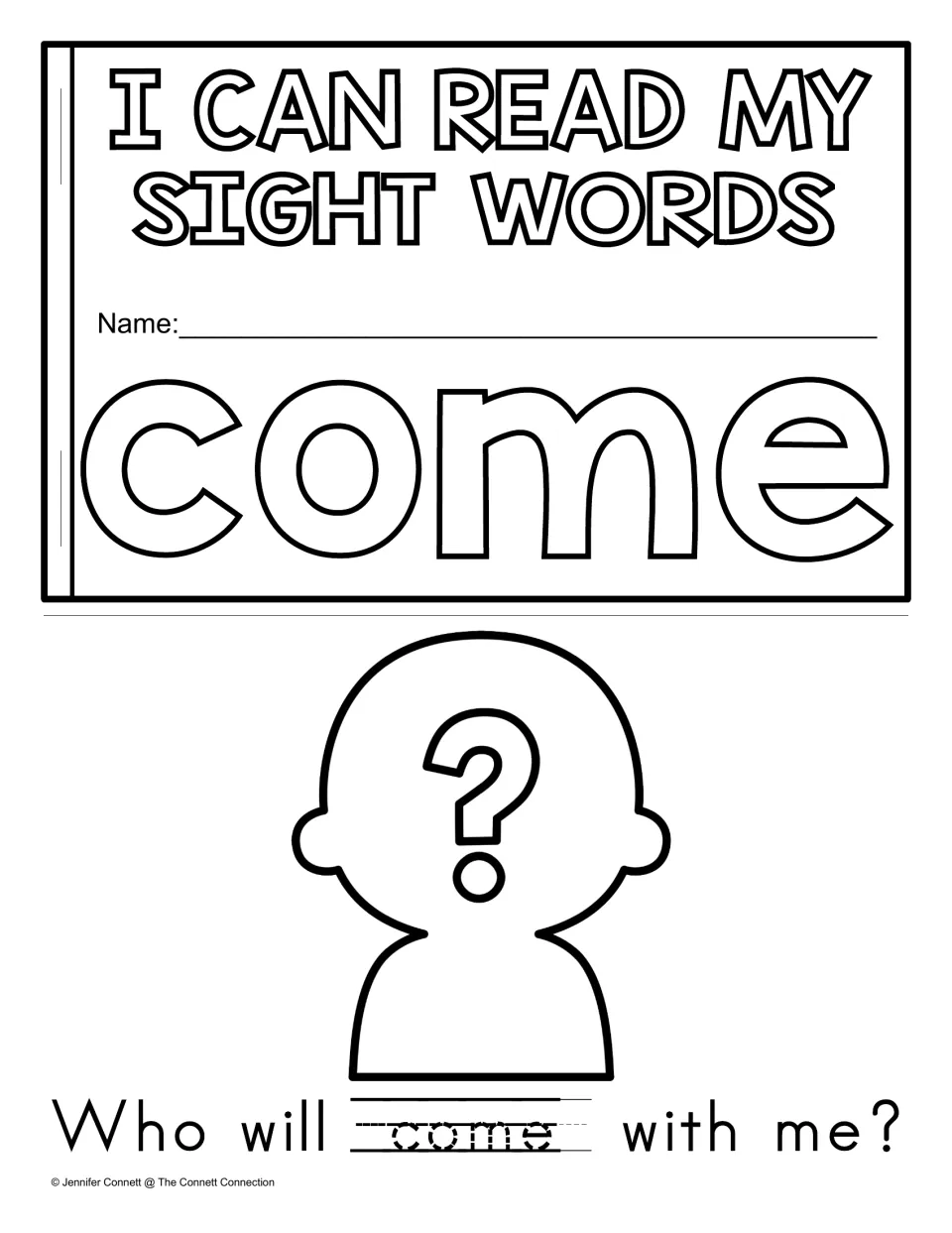 Tracing version cover: outlined word come, a name line and Who will come with me? with come in dotted letters to trace
