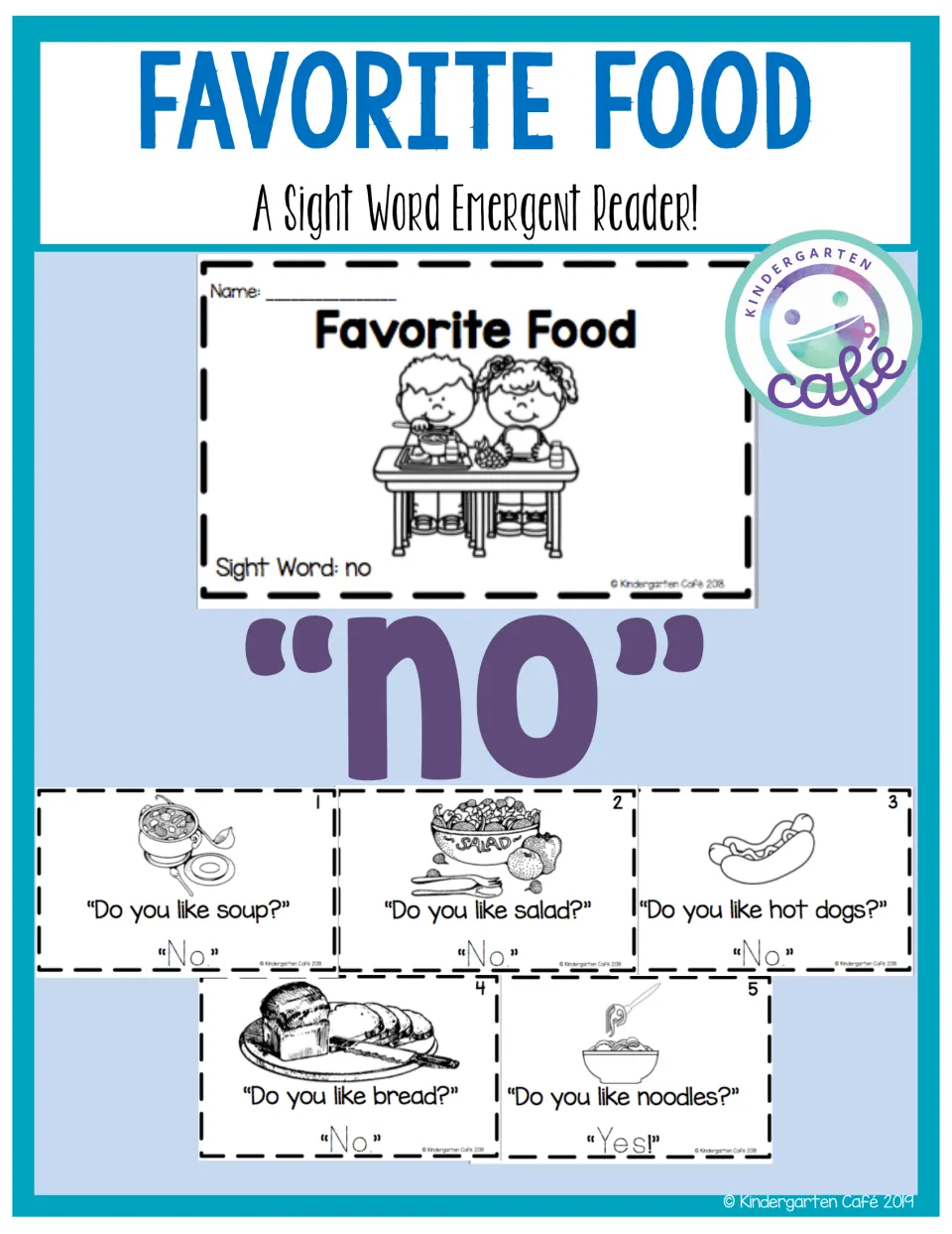 Emergent reader preview showing the booklet cover, five food-question pages, and the focus sight word “no”