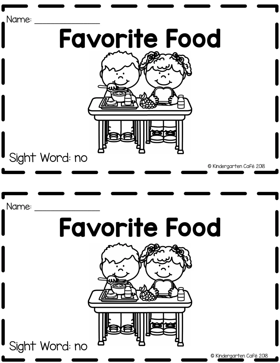 Two copies of the Favorite Food booklet cover, labeled “Sight Word: no,” showing two children eating