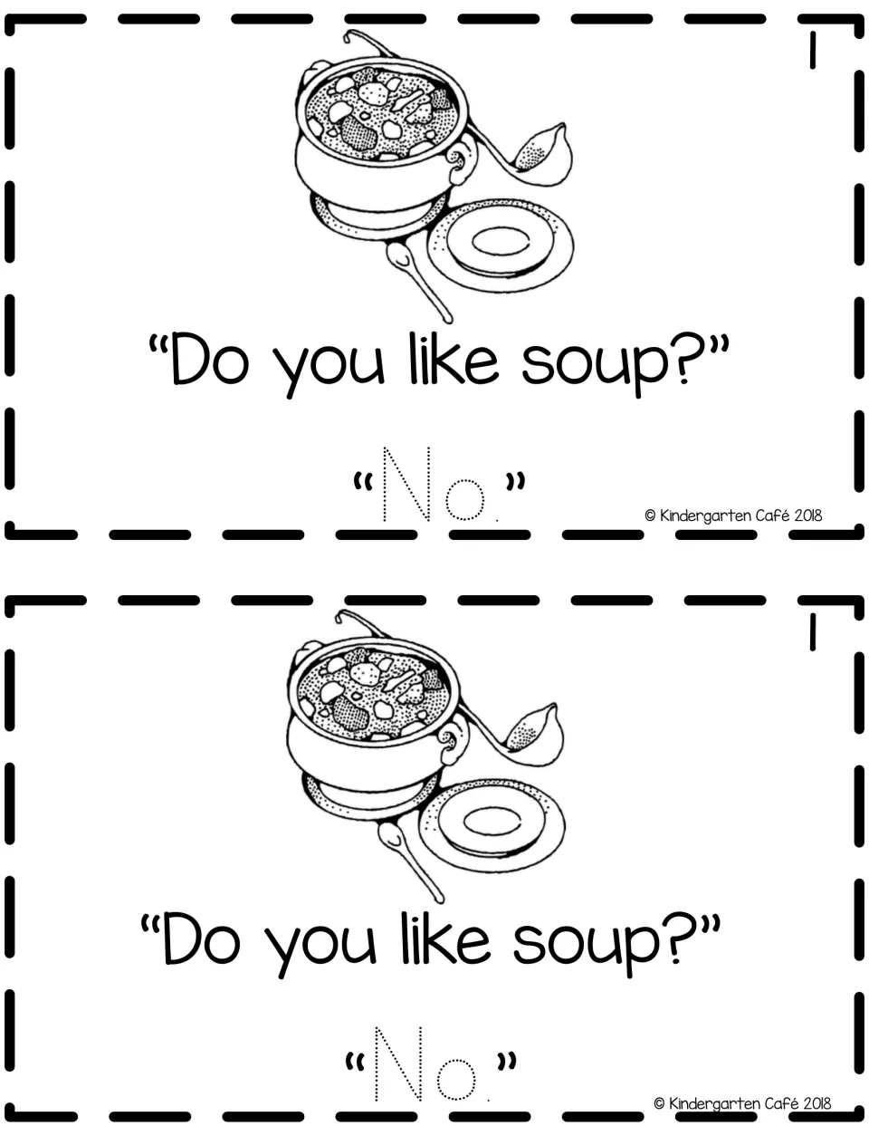 Reader page 1, printed twice: a soup illustration, the question “Do you like soup?” and traceable “No.”