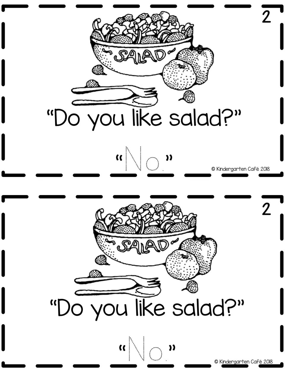 Reader page 2, printed twice: a salad illustration, the question “Do you like salad?” and traceable “No.”