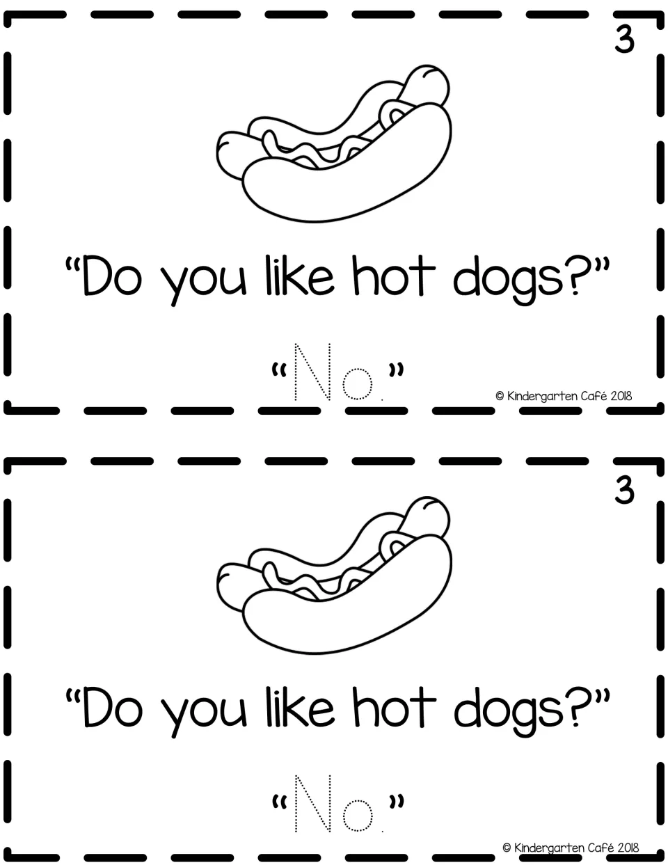 Reader page 3, printed twice: a hot dog illustration, the question “Do you like hot dogs?” and traceable “No.”