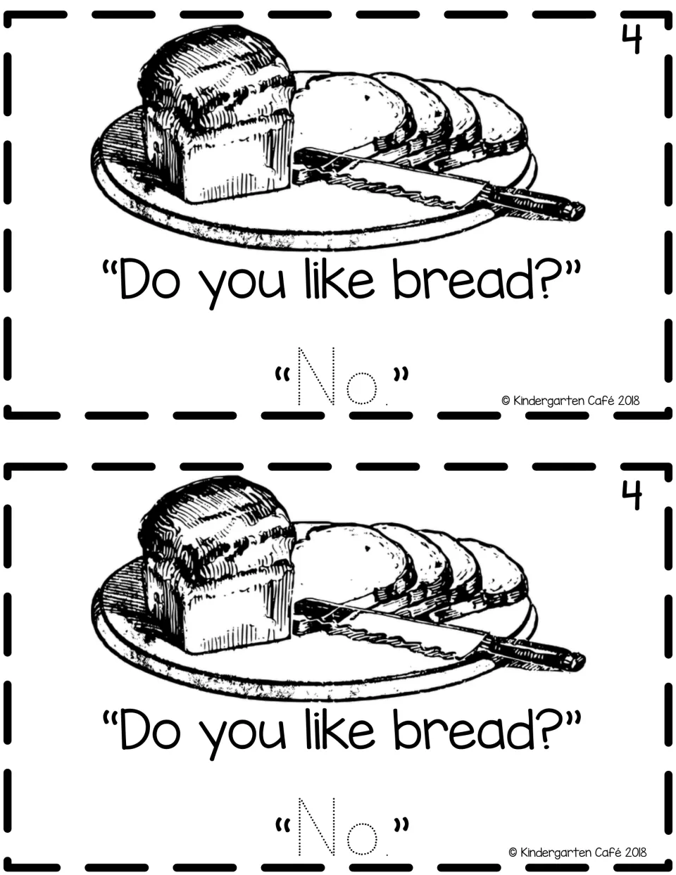 Reader page 4, printed twice: a bread illustration, the question “Do you like bread?” and traceable “No.”