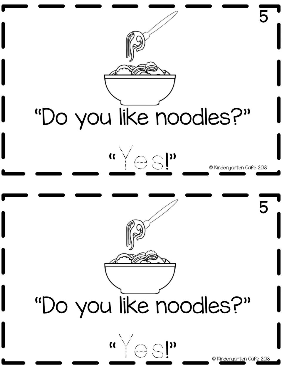 Reader page 5, printed twice: a bowl of noodles, the question “Do you like noodles?” and traceable “Yes!”
