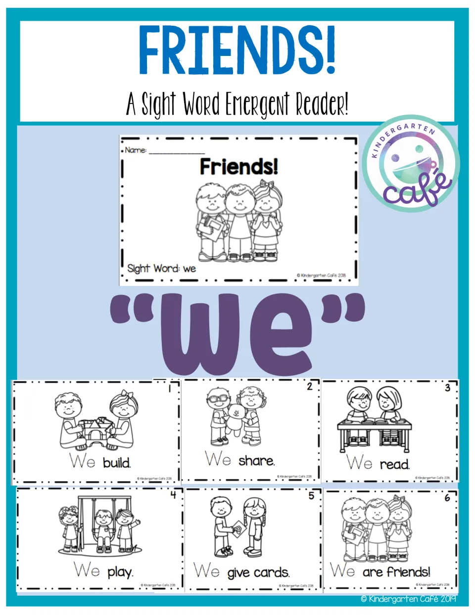 Reader preview featuring the sight word “we,” the booklet cover, and all six illustrated friendship sentences.