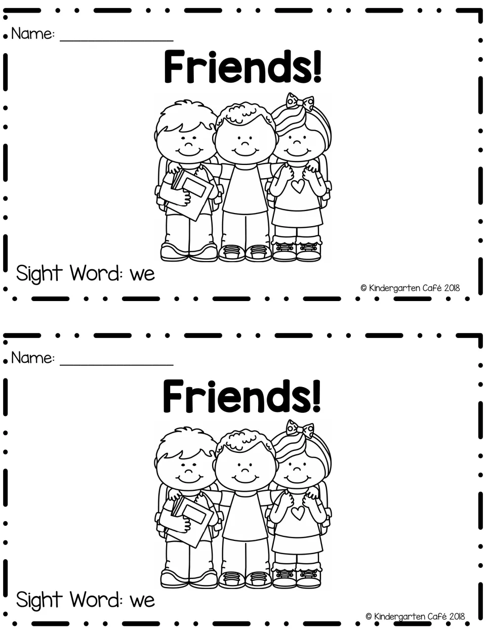 Booklet cover titled “Friends!” with three children and the label “Sight Word: we,” printed twice per sheet.