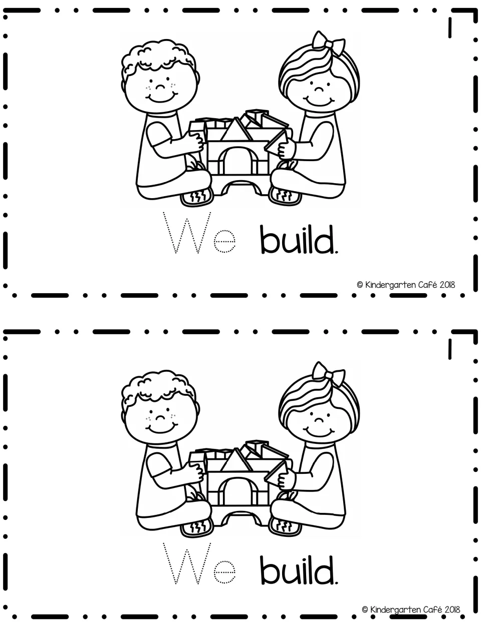 Reader page 1, printed twice: “We build.” with a traceable “We” and two children building with blocks.